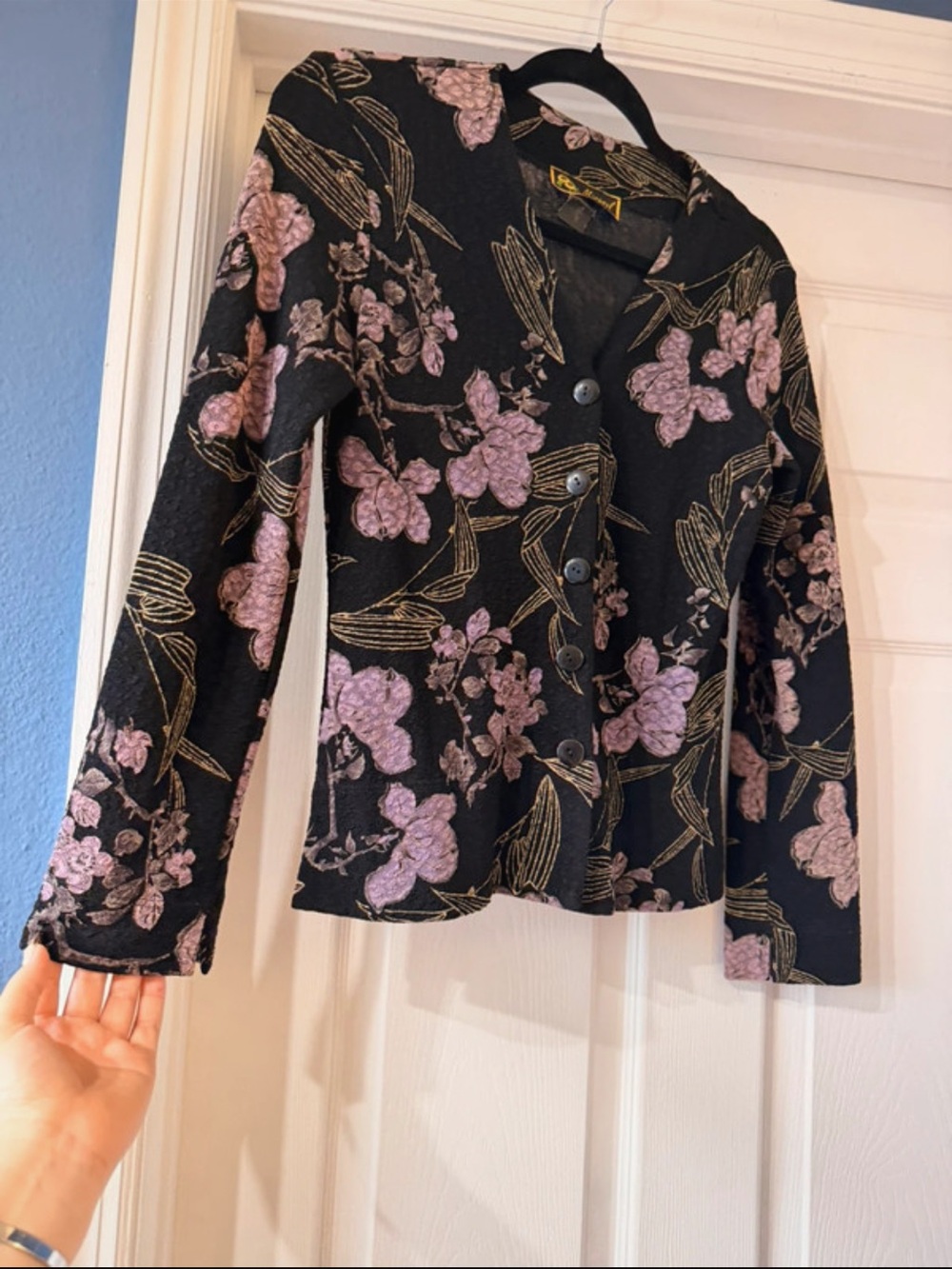 Mirasol Black Blazer with Pink Floral and Gold Botanical Accents